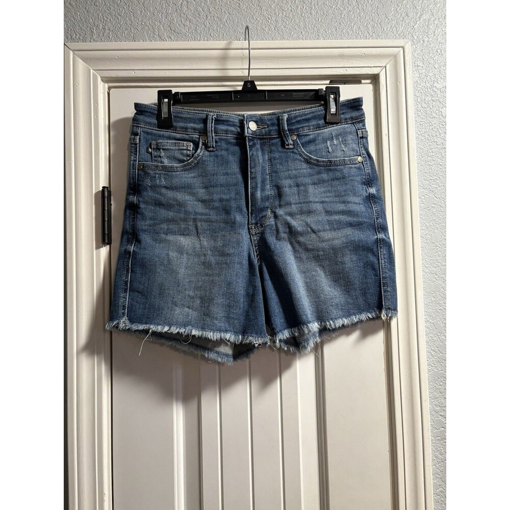 Judy Blue Shorts Womens Large Denim Midi Raw Frayed Hem Stretch Summer Casual
